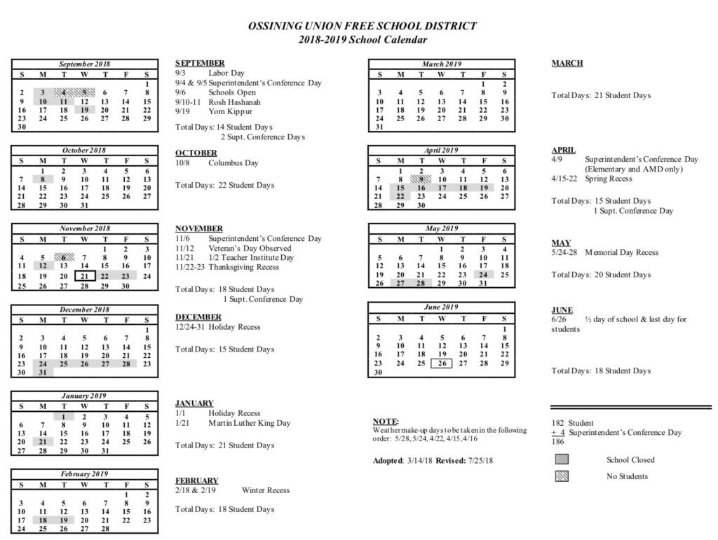 Ossining Schools Calendar 2018-2019