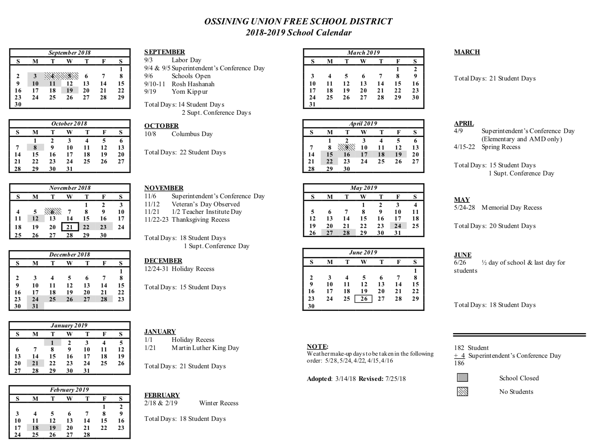 Ossining SCHOOL CALENDAR 20182019